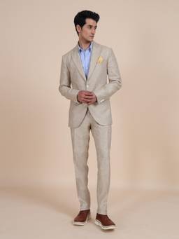 R R Blue - Beige Peak Lapel Linen Suit