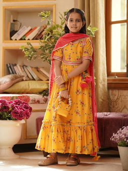 Fayon Kids - Yellow Print Anarkali and Chiffon Dupatta (Set of 2)