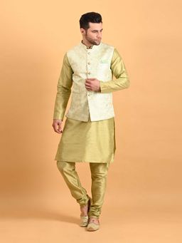 Uri and MacKenzie - Men Green Silk Kurta With Pyjama And Nehru Jacket