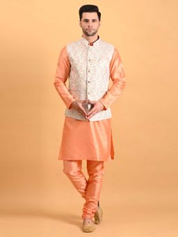 Uri and MacKenzie - Men Peach Silk Kurta With Pyjama And Nehru Jacket