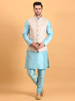 Uri and MacKenzie - Men Blue Silk Kurta With Pyjama And Nehru Jacket