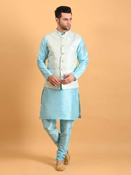 Uri and MacKenzie - Men Blue Silk Kurta With Pyjama And Nehru Jacket