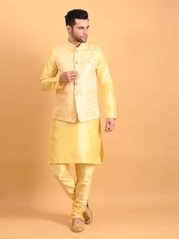 Uri and MacKenzie - Men Yellow Silk Kurta With Pyjama And Nehru Jacket