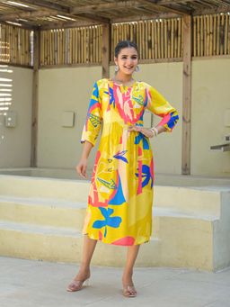 Juniper - Yellow Floral Printed Muslin A-Line Dress