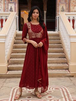 Juniper - Maroon Ethnic Motif Printed Georgette Dress with Dupatta (Set of 2)