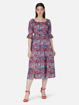 GULAB CHAND TRENDS - Blue Block Printed Square Neck Dress