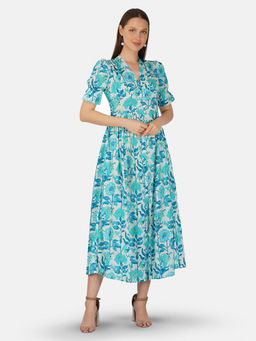 GULAB CHAND TRENDS - Turquoise Hand Printed V-Neck Dress with Flared Hem & Center Slit