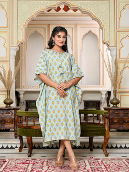 GULAB CHAND TRENDS - Green Printed Flared Sleeves Gota Work Kaftan Dress