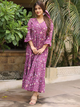 GULAB CHAND TRENDS - Purple Long Printed Tired Dress with Gather