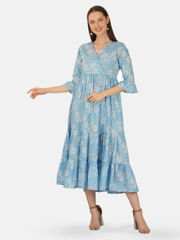 GULAB CHAND TRENDS - Sky Blue Hand Block Printed V-Neck Printed Tired Dress with Gather