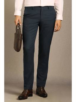 Louis Philippe - Men Navy Blue Textured Flat Front Formal Trouser