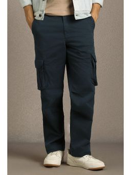 Louis Philippe - Men Navy Blue Solid Flat Front Casual Cargo