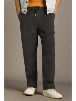 Louis Philippe - Men Grey Textured Flat Front Casual Trouser