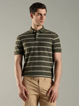 Tommy Hilfiger - Men Striped Regular Fit Cotton Olive Polo T-Shirt