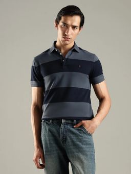 Tommy Hilfiger - Men Striped Slim Fit Cotton Blue Polo T-Shirt