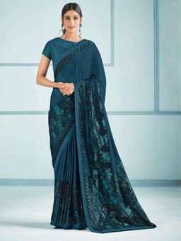 Odette - Dark Green Lycra Saree with Unstitched Blouse