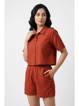 Zivame - Mock Linen Woven Loungewear Shirt with Shorts - Burnt Brick