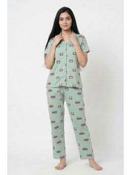 Zivame - Knit Cotton Shirt With Pyjama - Cameo Green