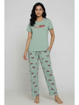 Zivame - Farm Lore Knit Cotton T-Shirt With Pyjama - Cameo Green