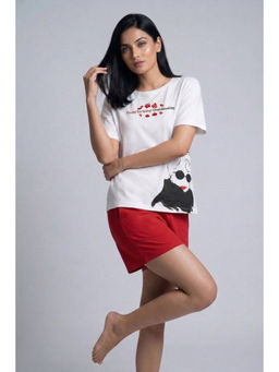 Zivame - Devil Wears Prada Knit Cotton Loungewear Shorts With T-Shirt - Flame Scarlet