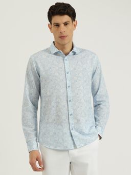 United Colors of Benetton - Men Blue Regular Fit Floral Printed Linen Blend Shirt