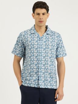 United Colors of Benetton - Men Blue Relaxed Fit Printed Linen Blend Stroke Shirt