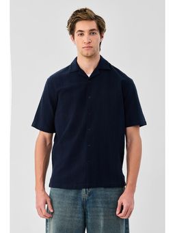 Snitch - Men Navy Blue Textured Half Sleeves Boxy Casual Shirt