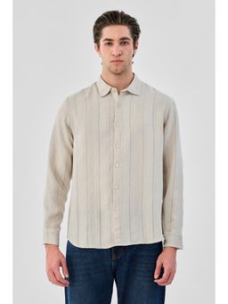 Snitch - Men Cream Textured Full Sleeves Regular Fit Shirt