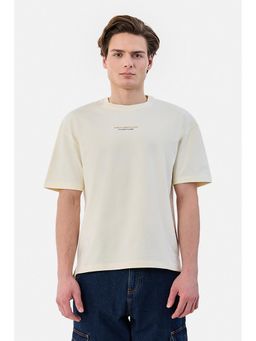 Snitch - Men Cream Typography Half Sleeves Oversized Casual T-shirt