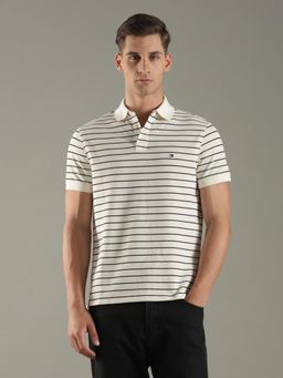 Tommy Hilfiger - Men White Striped Regular Fit Cotton Polo T-shirt