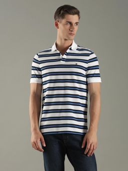 Tommy Hilfiger - Men White-Blue Striped Regular Fit Cotton Polo T-shirt