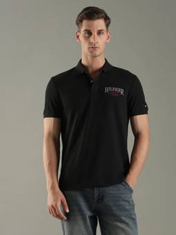 Tommy Hilfiger - Men Black Embroidered Logo Regular Fit Cotton Polo T-shirt