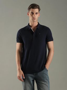 Tommy Hilfiger - Men Navy Blue Solid Regular Fit Cotton Polo T-shirt