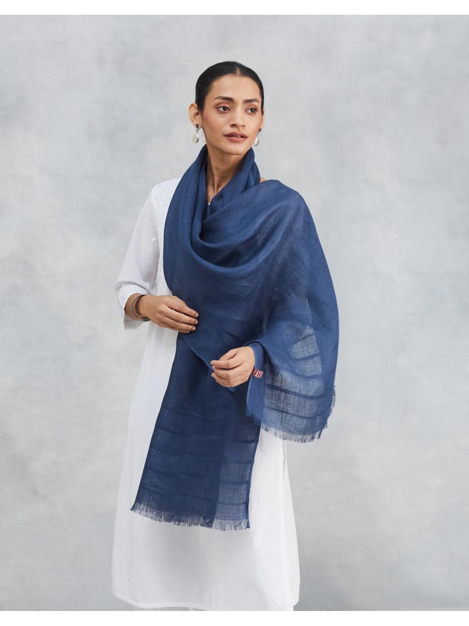 fabindia Navy Blue Linen Woven Vine Stole-picture-44