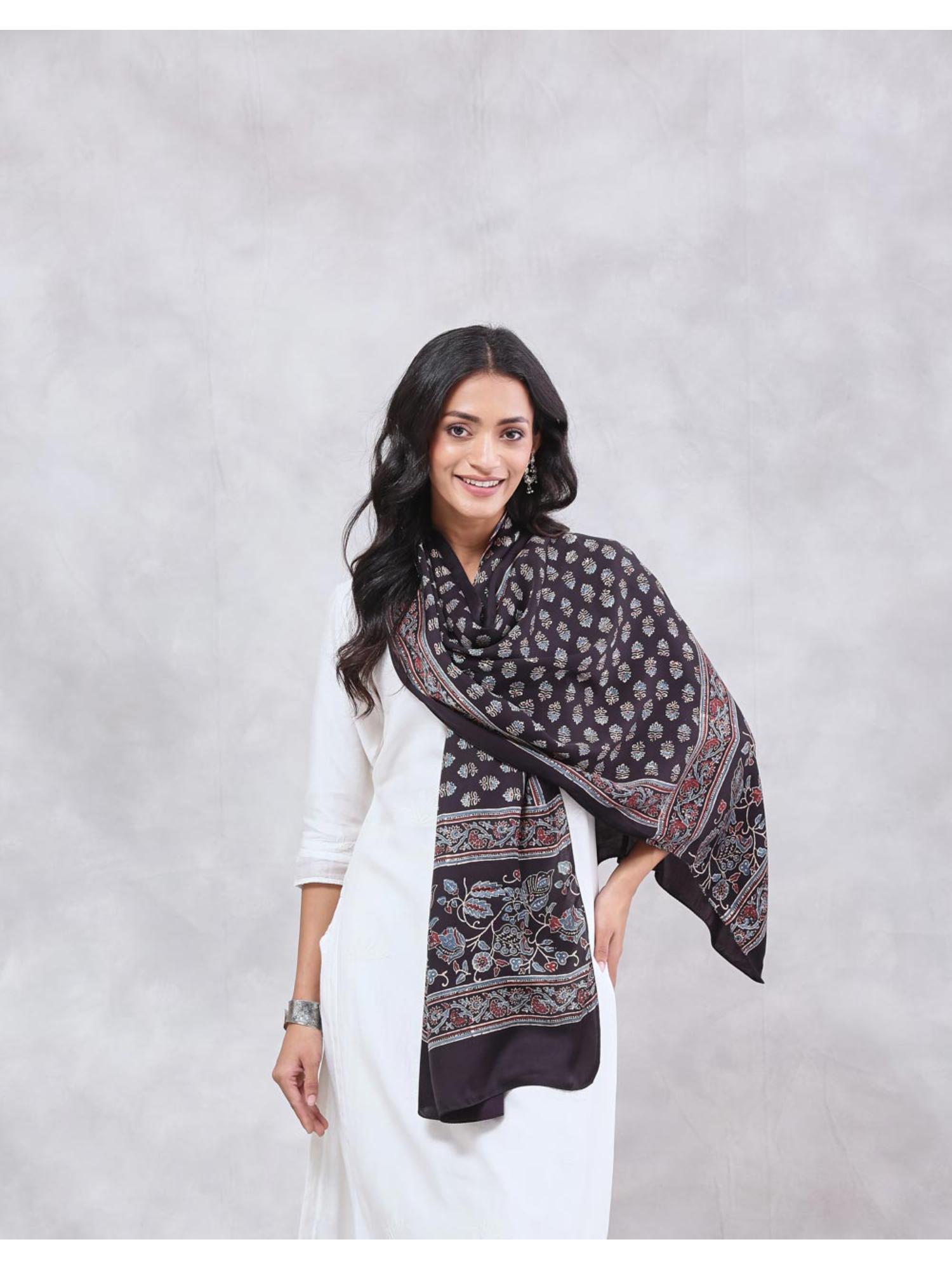 fabindia Black Viscose Blend Ajrakh Printed Stole-picture-13