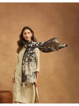 Fabindia - Women Charcoal Floral Print Cotton Silk Stole