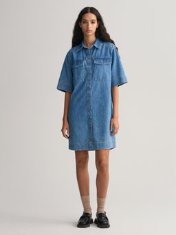 GANT - Women Blue Washed Spread Collar Short Sleeves Shirt Dress