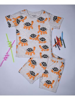 Be Awara - Half Sleeves Cotton T-shirt & Shorts Tortoise Print Ecru Melange (Set of 2)