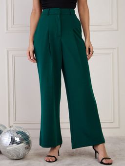 Magre - Flex Fit Green Solid Wide Leg Pleated Pants