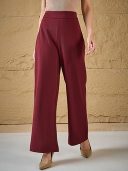 Magre - Maroon Solid Flat-Front Mid-Rise Pant