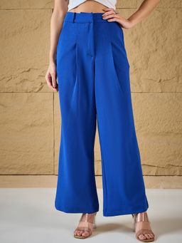 Magre - Flex Fit Blue Solid Wide Leg Pleated Pants