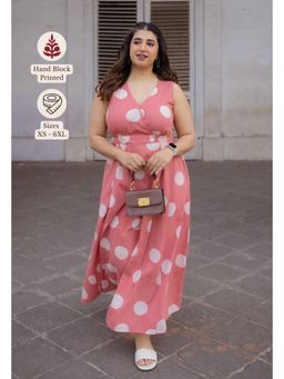 The Indian Ethnic Co. - Peach A-Line Printed Slub Cotton Dress