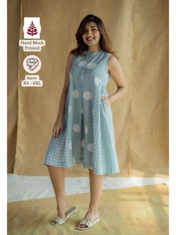 The Indian Ethnic Co. - Sky Blue A Line Printed Slub Cotton Dress