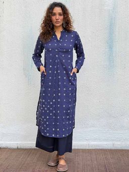 Chidiyaa - Navy Blue Midnight Waltz Bandhej Cotton Kurta