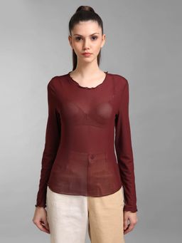 Kazo - Maroon Basic Full Sleeves Mesh Top