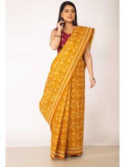 Unnati Silks - Yellow Pure Krisha Block Printed Cotton Saree with Unstitched Blouse