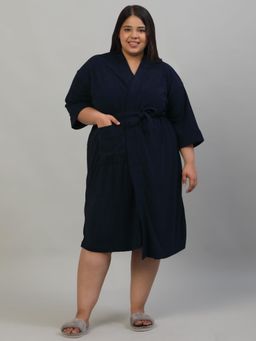 Creeva - Plus Size Micro Terry Bathrobe Soft and Elegant -Navy Blue