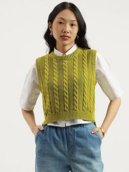 United Colors of Benetton - Green Round Neck Textured Cable Knit Sweater