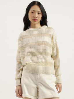 United Colors of Benetton - Off White Round Neck Self Design Wool Lurex Sweater