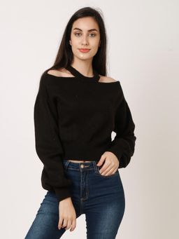 NOBARR - Womens Acrylic Black Cut-Out Shoulder Knit Sweater